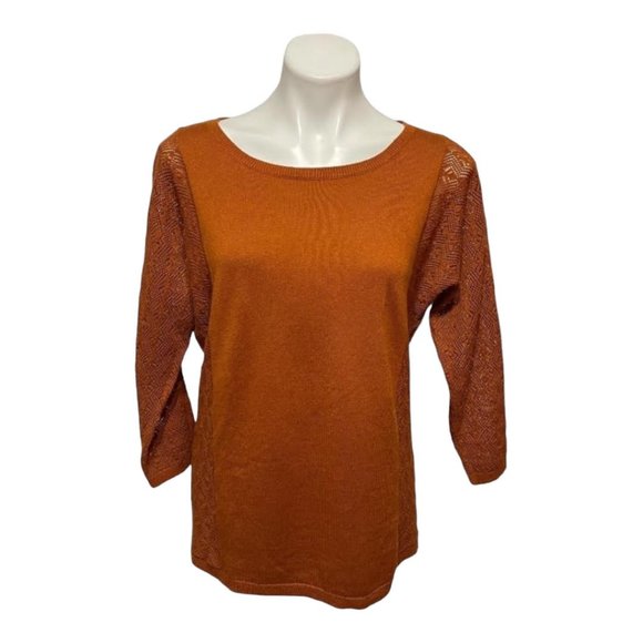 Garnet Hill Small Pointelle Sleeve Boat Neck Burnt Orange Sweater - Picture 2 of 5